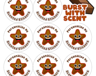 120 Personalised Chocolate Scented - Chocolate Star Personalised - 30 mm Stickers - Parent Teacher Nursery Reward Stickers