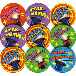 May include: Nine colourful round stickers with a magic hat and wand design. The stickers feature the text "Magic Maths", "Star Maths", and "Math Magician".
