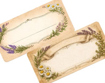 Può includere: Due etichette per nomi in stile vintage con illustrazioni floreali e botaniche. Un'etichetta presenta lavanda e margherite, l'altra ha lavanda e un banner. Le etichette hanno uno sfondo color crema con un bordo decorativo.