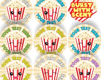 120 Popcorn Scented Personalised Stickers - Personalised 30 mm Scented Stickers - For Teachers Nursery Parents