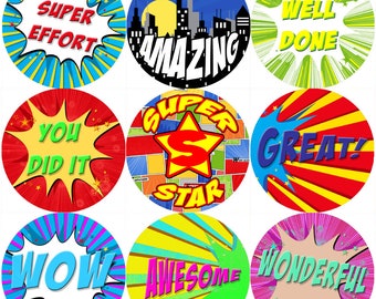 144 Superhero Comic Praise Words 30mm Reward Stickers for Teachers, Parents and Party Bags