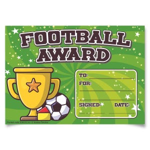 May include: A green and yellow football award certificate with a trophy, football, and stars. The certificate has spaces to fill in the recipient's name, the reason for the award, the date, and the signature.