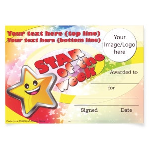 May include: A colourful certificate featuring a yellow star with a smiling face, the text "STAR of the week" in red and white, and the words "Awarded to" and "for" in black. The certificate has space for text to be filled in for the recipient's name, the reason for the award, the date, and a signature.