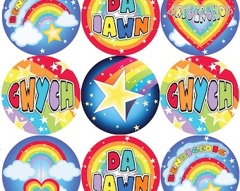 144 Welsh Rainbows and Stars 30mm Reward Stickers for Teachers, Parents