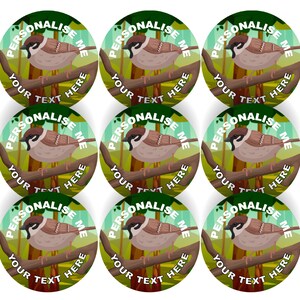 May include: Nine round green and brown stickers featuring a cartoon sparrow perched on a branch. The stickers have the text "PERSONALISE ME" in a circle around the sparrow and "YOUR TEXT HERE" below the sparrow.