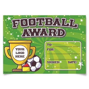 May include: A green and yellow football award certificate with a trophy, football, and stars. The certificate has spaces for the recipient's name, the reason for the award, the date, and a signature.
