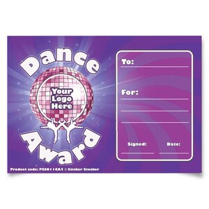 May include: A purple dance award certificate featuring a disco ball graphic and the words "Dance Award". The certificate includes spaces for "To", "For", "Signed", and "Date".