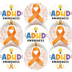 May include: A set of circular stickers featuring an orange awareness ribbon, the text "ADHD AWARENESS", and a lightbulb illustration. The stickers are set against a white background with a decorative pattern.