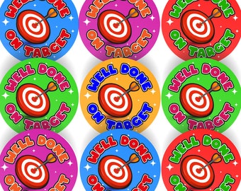 144 Well Done on Target 30 mm Reward Stickers for Teachers, Parents and Party Bags
