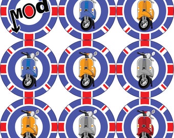 144 Mod Scooters Themed Stickers 30mm Glossy Labels