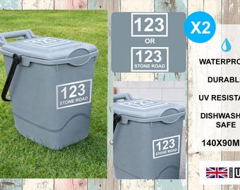 2 x Food Waste Bin Number Stickers (140mm x 90mm) – Waterproof, UV Resistant, Dishwasher Safe – Custom House Number or Street Name – 2 Pack
