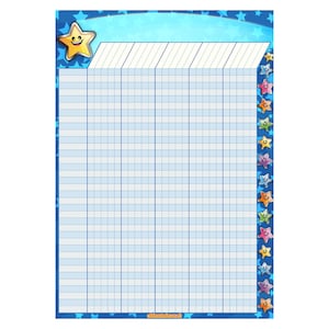 May include: A blue and white chart with a smiling yellow star at the top. The chart has a grid of squares and a column of smiling stars in various colours on the right side.