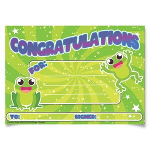 May include: A green and white congratulations certificate with a green frog on each side. The certificate has a swirl design and stars. The text "CONGRATULATIONS" is in purple and blue. The text "FOR:" and "SIGNED:" are in black. The text "TO:" is in black. The text "Product code SS022CA5 Sticker Sticker" is in black.