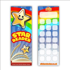 May include: A vibrant bookmark featuring a smiling star character and the text "STAR READER." The design includes a rainbow backdrop, an open book illustration, and a grid for tracking reading. The website stickerstocker.co.uk is displayed.