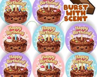 120 Birthday Cake 30mm Chocolate Scented Reward Stickers for Teachers, Parents and Party Bags