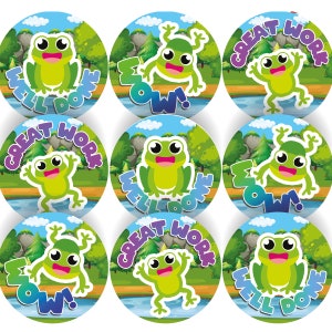 May include: Nine colourful frog stickers with different phrases, including "Great Work", "Well Done", and "Wow!" The stickers feature a cartoon frog with big eyes and a wide smile against a green and blue background.