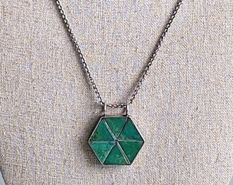 Unique Turquoise 925 Silver Hexagon Pendant Necklace Signed Jane Diaz