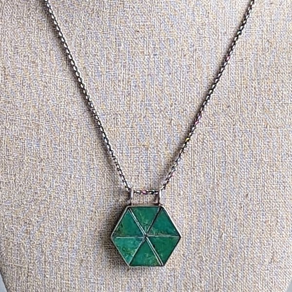 Unique Turquoise 925 Silver Hexagon Pendant Necklace Signed Jane Diaz