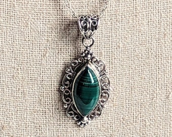 Vintage 925 Silver Malachite Pendant Necklace Marquise Malachite Necklace