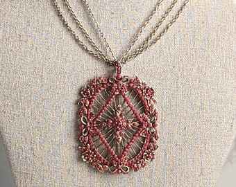 Vintage Coral Enamel Gold Tone Filigree Pendant Necklace