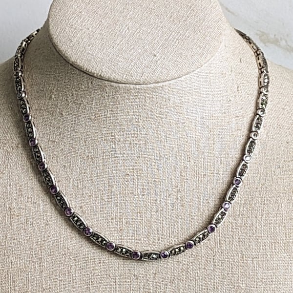 Sterling Silver Marcasite Amethyst Link 16.5' Necklace Y2K Necklace