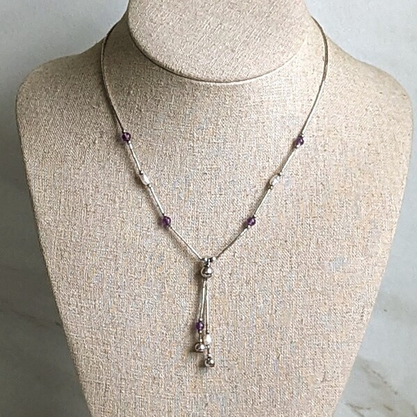 Vintage Southwestern Sterling Silver Liquid Silver Amethyst and Pearl Beaded Lariat Necklace