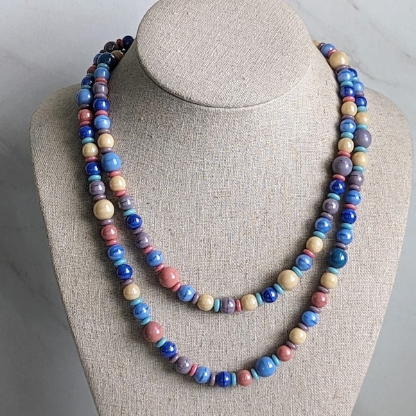 Joan Rivers Long Pastel Multi Color Glass Beaded Necklace Blue Pink Yellow Green