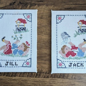 Vintage Jack and Jill Linen Cross Stitch Samplers: Nursery Rhyme Decor Set