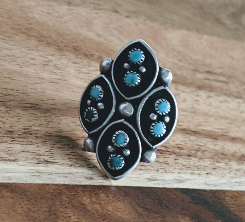 1970/'s Old Pawn Zuni Silver Turquoise Petit Point Ring; Native American Jewelry; Vintage Southwestern Ring