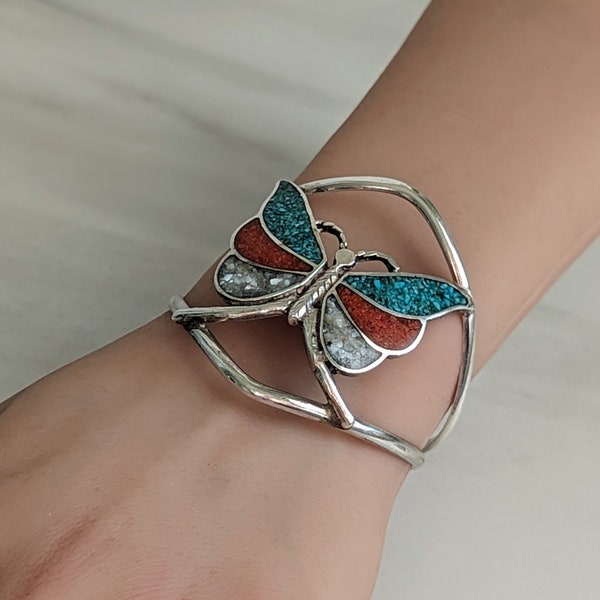 Beautiful Vintage Native American Sterling Silver Turquoise Coral Mother of Pearl Butterfly Cuff Bracelet