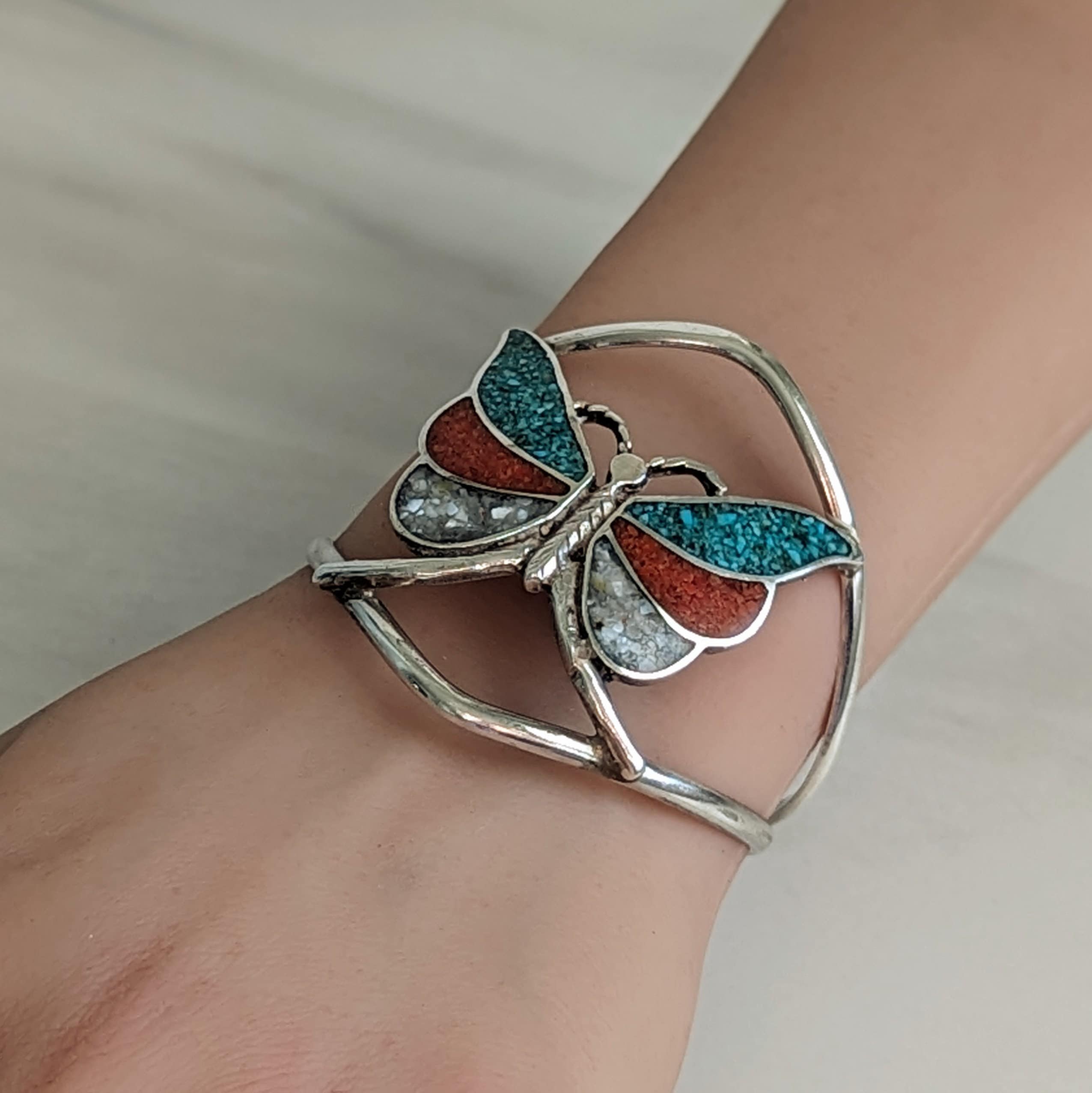 Vintage SS/turquoise Native American Butterfly cuff 6.3 main image 3