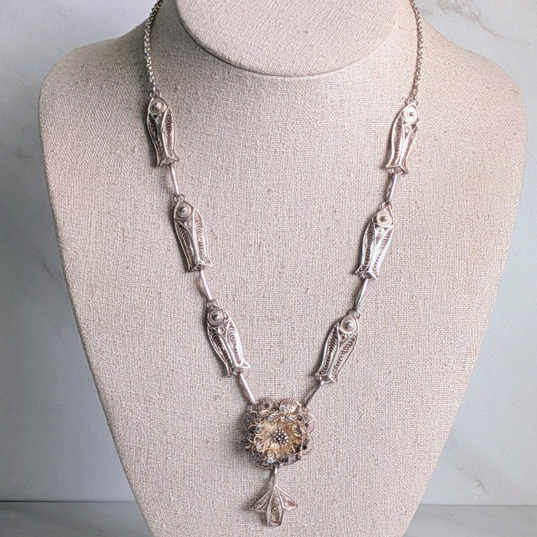 Vintage Sterling Silver Filigree Fish Link Necklace 19