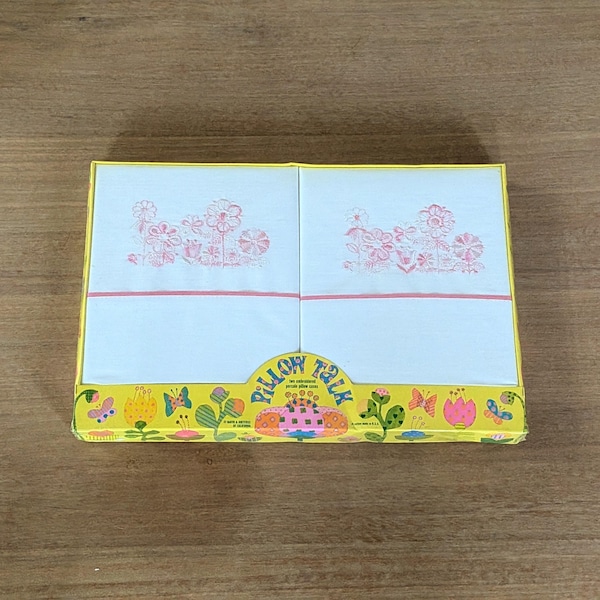 Vintage 100% cotton pillowcase set, pink floral embroidery, original gift box, Barth and Dreyfuss