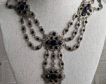 Victorian Austro-Hungarian Sterling Silver Vermeil Obsidian Necklace