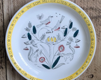 Vintage Stavangerflint Figgjo Norwegian Child's Blessing Prayer Yellow Rimmed Plate RARE