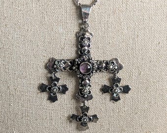 Vintage TAXCO Yalalag Cross Mexican Sterling Silver Amethyst Cross Necklace Pendant