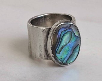 925 Sterling Silver Abalone Wide Modern Ring - Size 6