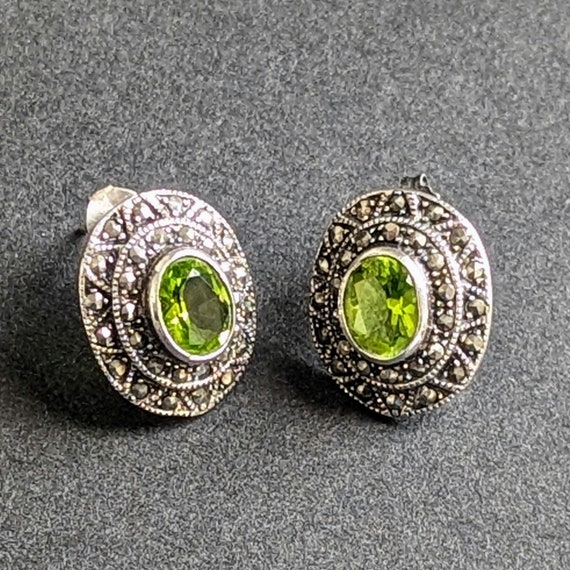 Sterling Silver Peridot Marcasite Large Oval Stud 