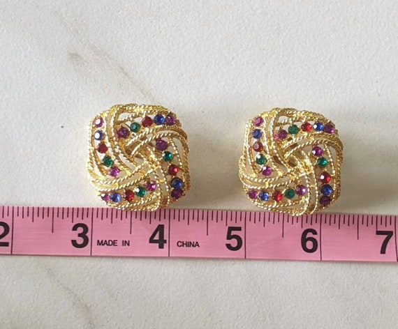 1980s Gold Tone Colored Rhinestone Square Clip-On… - image 3