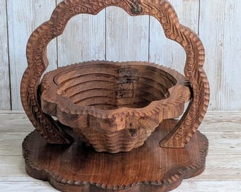 ヴィンテージ 折りたたみ式 ローズウッド 手彫り 木製 鍋敷き / バスケット