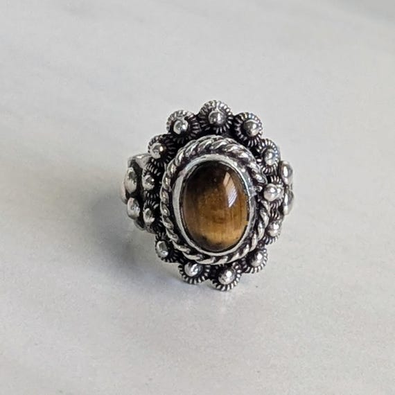 Vintage TAXCO Sterling Silver Tiger's Eye Poison Ring - Adjustable - TAXCO Eagle Mark