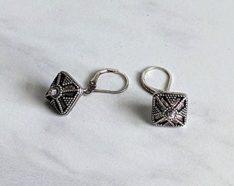 Sterling Silver Textured Caged Octahedron Drop Dangle Leverback Earrings