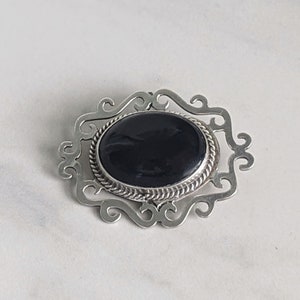 Vintage 925 Silver Onyx Large Brooch Pendant