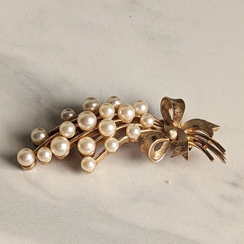 Crown Trifari Faux Pearl Bouquet Brooch image 1