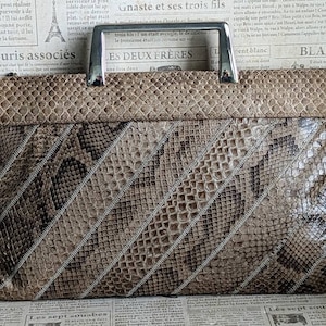 1970s Bags by Veron Snakeskin Leather Clutch Purse Envelope Purse Chrome Handles
