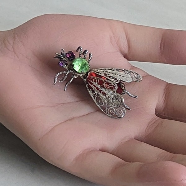 Victorian Cannetille Spun Silver Rhinestone Fly Insect Brooch Pin C-Clasp