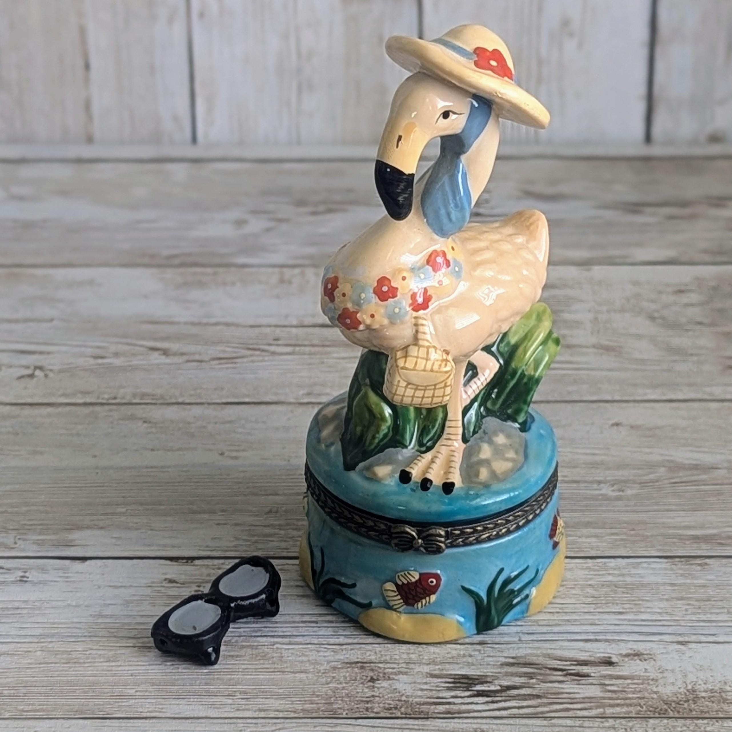 Vintage Hand Painted Flamingo at Beach Hinged Lid Trinket Box W