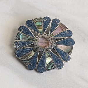 VintageTaxco Sterling Silver Abalone Lapis Lazuli Pinwheel Flower Brooch Pin Pendant