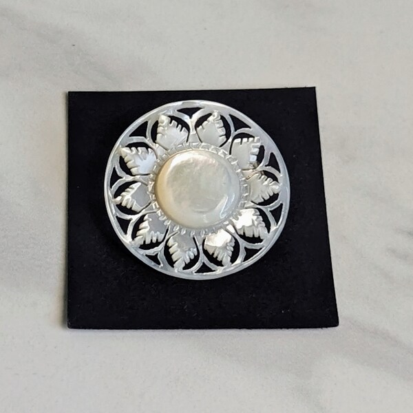 Vintage Round Carved Mother of Pearl Flower Pin Brooch