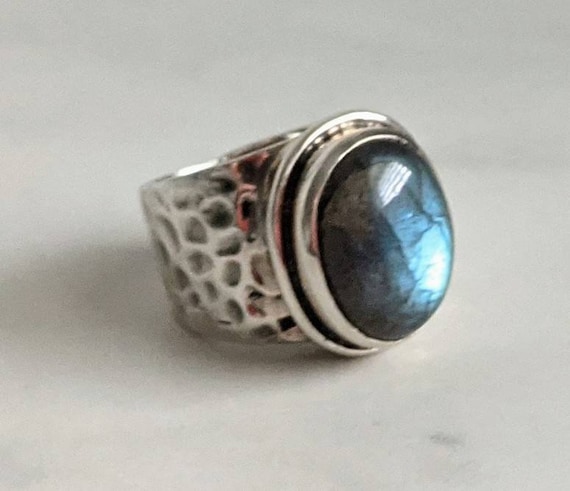 Labradorite Ring with Hammered Sterling Silver Band, Size 6 Labradorite Ring with Hammered Sterling Silver Band, Size 6